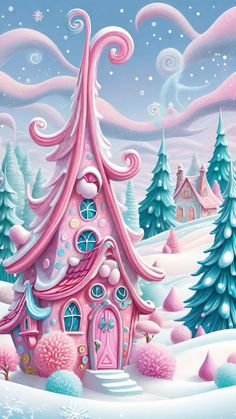 a pink house in the middle of a snowy landscape with trees and snow flakes