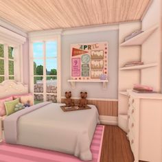 an animated bedroom with teddy bears on the bed and pink carpeted area rugs