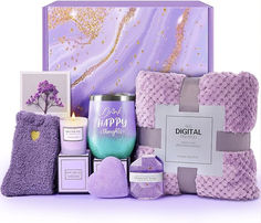 a purple and blue gift box with candles, soaps, towels, bath mitts and other items