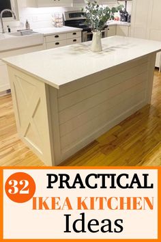 a kitchen island with white cabinets and wood flooring is featured in the magazine practical ikea kitchen ideas