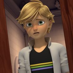 a cartoon boy with blonde hair and green eyes standing in a hallway looking at the camera