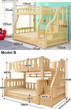 bunk beds with stairs and ladders are shown in three different sizes, including the top one