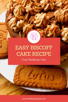 an easy biscoff cake recipe on a white plate with the title overlay