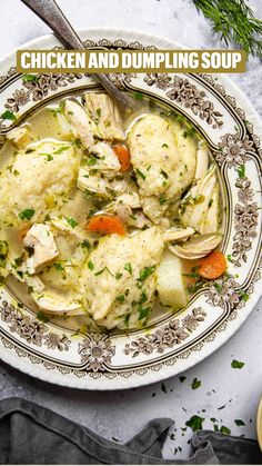 a bowl of chicken and dumpling soup on a table