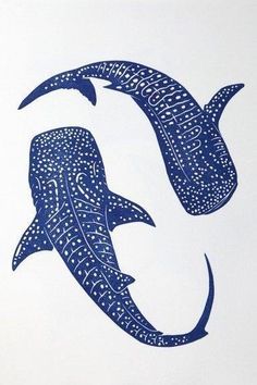 a drawing of two dolphins in blue and white