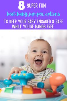 a baby sitting in a high chair with the words 8 super fun best baby jumper options to keep your baby engaged and safe while you're hands free