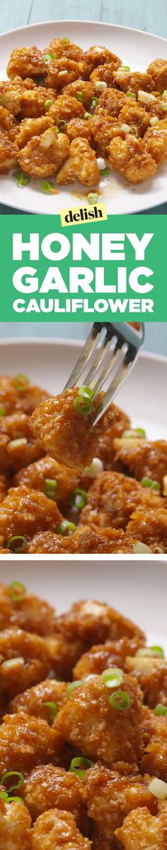 two pictures of fried food on a plate with a fork in it and the words honey chamele cauliflower