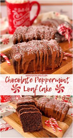 chocolate peppermint loaf cake on a cutting board with a slice cut out and ready to be eaten