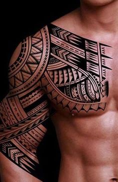 a man's chest and arm with tattoos on his body, which is made up of