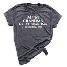 👩👵👵‍🦳 Celebrate three generations with our Mom Grandma Great Grandma Tee! For different Mother's Day t-shirt designs, please take a look at our Mother's Day collection. https://www.greatwoodboutique.com/collections/mothers-day-tee-shirts Family Matching Gray Short Sleeve T-shirt, Gray Short Sleeve Family Matching T-shirt, Gray Family Matching Short Sleeve T-shirt, Mother's Day Family Graphic Tee T-shirt, Mother's Day Family Graphic T-shirt, Mother's Day Family Graphic Tee, Family Graphic Print T-shirt With Crew Neck, Family Matching Gray Tops With Letter Print, Family Graphic Print Crew Neck T-shirt