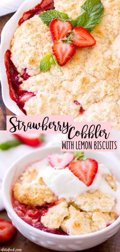 strawberry cobbler with lemon biscuits in a white bowl