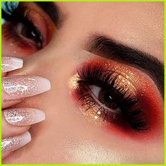 Phoenix Makeup, Eyeshadow Inspiration, Red Eyeshadow Look, Gold Glitter Eyeshadow, Elven Costume, Best Press On Nails, Christmas Makeup Look, Gold Eyeshadow