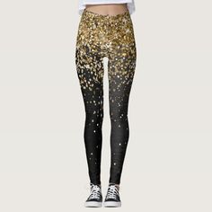 Gold Glitter Sparkle Leggings A trendy elegant leggings design featuring pretty gold sparkling glitter on a black brushed metallic background.