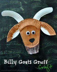 a paper plate goat head with the words billy goats gruff craft on it