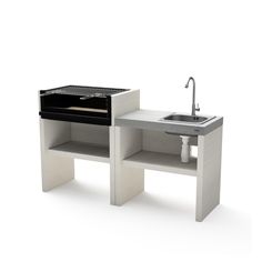 a sink and shelf with a faucet next to it on a white background