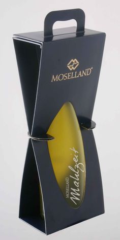 the packaging for moseland's wine is shown in black and gold colors