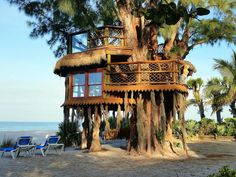 a tree house built into the side of a palm tree by the beach with lounge chairs around it