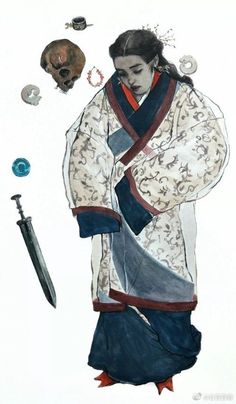 a drawing of a woman holding a knife and wearing a kimono with skulls on it