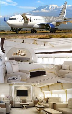 the interior of an airplane is shown in three different pictures, including couches and tables