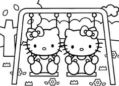 the hello kitty coloring page is shown in black and white, with an image of two cats