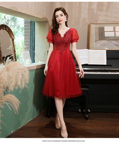 Red Knee-length V-neck Party Dress, Knee-length Red V-neck Party Dress, Red V-neck Short Sleeve Dress For Party, Elegant Short Sleeve Evening Dress For Homecoming, Elegant Short Sleeve Homecoming Evening Dress, V-neck Midi Dress For Banquet And Prom Season, V-neck Midi Dress For Prom Season Banquet, Red V-neck Lace Party Dress, Red V-neck Lace Dress