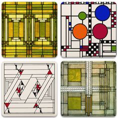 four different stained glass panels with geometric shapes and lines on them, all in various colors