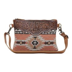 Great Myra Shoulder Bag With Hand Tooled Leather And Colorful Canvas. Measures 11.5" X 8.5" With 22" Shoulder Drop. Great Bag For Spring And Summer Chevron Purse, Trendy Patterns, Leather Rug, Rug Bag, Hand Tooled Leather, Tooled Leather, Chevron Pattern, Wallet Bag, Brown Orange