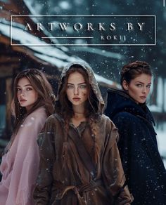 three women in winter clothes standing together on the cover of art works by roki