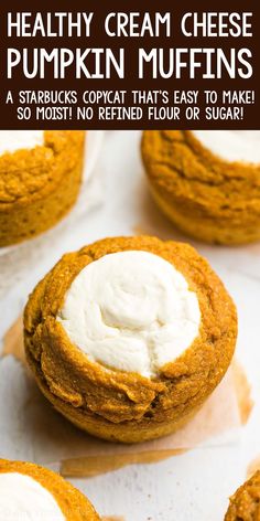 healthy cream cheese pumpkin muffins with text overlay