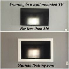 two different views of a flat screen tv mounted on the wall, and below it is an empty television