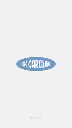 an oval logo with the word caroline written in white and blue on a light background