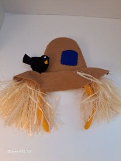 a brown hat with feathers and a black bird sitting on it's side in front of a white box