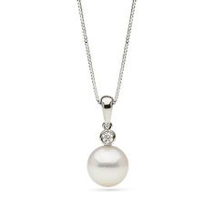 This White South Sea pearl and diamond pendant is perfect for completing her look on the big day. Pearls are selected for their satiny luster, delicately shimmering overtones and smooth, unblemished surfaces. The .04cttw diamond accent is G, VS1 quality, and is set in 14k gold with matching chain. Classic Pearl Necklace With Diamond Accents For Wedding, Classic Diamond Pearl Necklace For Wedding, Refined Round Pearl Necklace For Wedding, Classic Wedding Pearl Necklace With Diamond Accents, Brilliant Cut Pearl Necklace For Wedding, Wedding Pearl Necklace With Brilliant Cut Diamonds, Classic Akoya Pearl Necklace With Brilliant Cut, Diamond White Akoya Pearl Necklaces For Wedding, Elegant Pearl Necklace With Diamond Accents