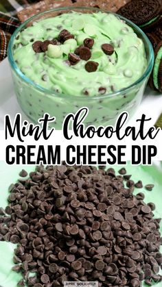 mint chocolate cream cheese dip in a glass bowl and on a plate with oreos