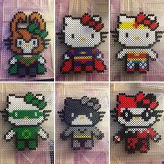 four different pictures of hello kitty and other pixelated characters in various poses, each with their own character