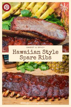 hawaiian style spare ribs on a cutting board with pineapples