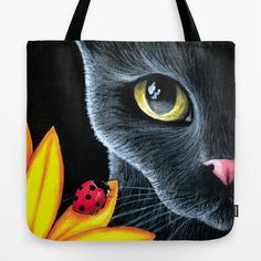 Tote Bag black Cat 510 Ladybug All over print from art painting L.Dumas Artbylucie Totes Artistic Black Art For Art Events, Black Cat Print Bag For Gift, Black Bag With Cat Print For Gift, Gift Black Bag With Cat Print, Painted Purses, Painted Canvas Bags, Black Cat Painting, Painted Purse, Painted Canvas Shoes