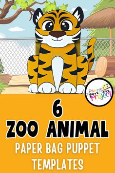 the zoo animal paper bag puppet templates are in front of a fence and trees