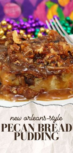 a piece of pecan bread pudding on a white plate with chocolate drizzle