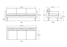 a drawing of a couch and ottoman with measurements for the seat, back, and arm