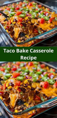 taco bake casserole recipe in a glass dish with two servings