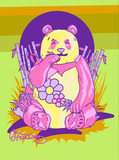 a drawing of a bear sitting on the ground with flowers in it's paws