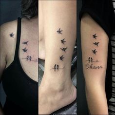 three different tattoos with birds on the back of their arms, and one has an inscription that reads shanna