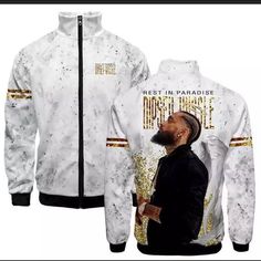 Hi There This Is A Nipsey Hussle Zip Up Printed Jacket Available In Different Sizes Will Also Take Offers! White Track Jacket With Graphic Print For Fall, White Graphic Print Track Jacket For Fall, Mens Summer Jackets, Ripped Sweatshirt, Cool Jackets For Men, Hip Hop Jacket, Designer Jackets For Men, Nipsey Hussle, Casual Outerwear