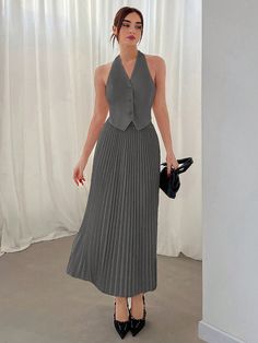 Grey Elegant Collar   Plain  Embellished Non-Stretch  Women Clothing Vest Skirt Outfit, Sleeveless Top Outfit, Aw 2024, Pleated Skirt Set, Skirt Styles, Preppy Women, Modest Outfit, Office Wear Women, Sleeveless Tops Summer