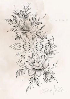 black and white drawing of flowers with leaves