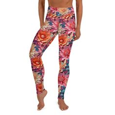 "Colorful flower blooms pattern yoga leggings. Stylish, durable, and a hot fashion staple. These polyester/spandex leggings are made of a comfortable microfiber yarn, and they'll never lose their stretch. - Fabric: 82% polyester, 18% spandex - Overlock and coverstitch - Four-way stretch, which means fabric stretches and recovers both on the cross and lengthwise grains - Made of a microfiber yarn, which is smooth and comfortable - Raised waistband - Triangle-shaped gusset crotch - Inner pocket se Multicolor Compression Leggings For Yoga, High Stretch Multicolor Yoga Pants, Multicolor High Stretch Yoga Pants, Spring Compression Full-length Yoga Pants, Spring Yoga Activewear Full Length, Spring Full-length Leggings For Pilates, Spring Full Length Leggings For Pilates, High Stretch Yoga Pants For Pilates In Spring, Multicolor Stretch Yoga Pants For Pilates