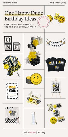 Collage of 'One Happy Dude' birthday party decorations including balloon garlands, cake toppers, party favor boxes, and themed outfits for a fun celebration. Birthday Milestone Board, Happy Smiley Face