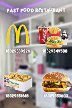 mcdonald's fast food restaurant menu with images of hamburgers, fries and hotdogs