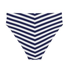 Women's eco-recycled fabric high-waist bikini bottom with cheeky bum coverage and nautical navy chevron stripe design. Comfy, high-waisted, and double-layered. • Fabric: 81% REPREVE recycled polyester, 19% LYCRA XTRALIFE • Fabric weight: 7.52 oz • Double-layered and non-reversible • Tear-away care label Navy Nautical Swimwear For Swimming, High Waist Striped Swimwear For Beach Season, Striped High Waist Swimwear For Beach, Striped High-waist Swimwear For Beach, High Waist Striped Swimwear For Summer, Blue Nautical Style Beach Bottoms, Striped Fitted High Waist Swimwear, Striped Fitted High-waist Swimwear, Striped High Waist Swimwear For Poolside